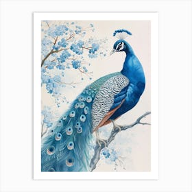 Watercolour Peacock With The Blue Blossom 3 Art Print