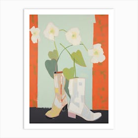 A Painting Of Cowboy Boots With White Flowers, Pop Art Style 7 Art Print