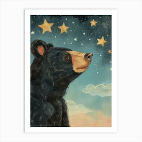 American Black Bear Looking At A Starry Sky Storybook Illustration 4 Art Print