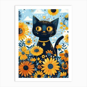 Black Cat In Sunflowers Art Print