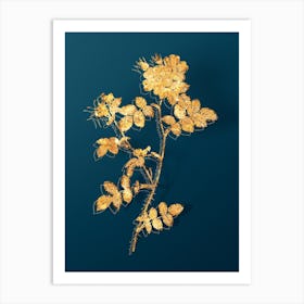 Vintage Pink Sweetbriar Roses Botanical in Gold on Teal Blue n.0166 Art Print