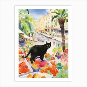 Food Market With Cats In Monaco 1 Watercolour Art Print