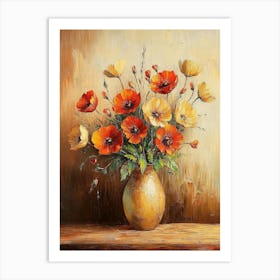 Oil Painting Depicting Still Life Of Flowers In Vase Art Print