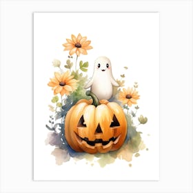 Cute Ghost With Pumpkins Halloween Watercolour 101 Art Print