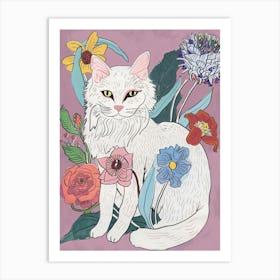 Cute Angora Cat With Flowers Illustration 2 Art Print