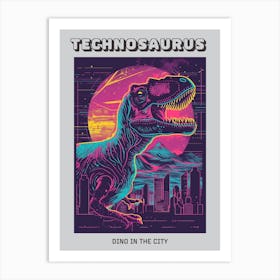 Neon Dinosaur Cityscape Poster Art Print