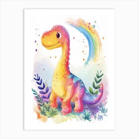 Rainbow Watercolour Brontosaurus Dinosaur 3 Art Print