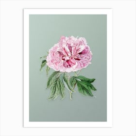 Vintage Double Red Curled Tree Peony Botanical Art on Mint Green n.0015 Art Print