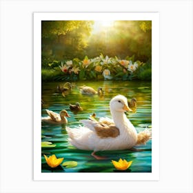 Ryan Gosling As An Anthropomorphic Duck Covered In Fluffy Feathers Paddling Through A Serene Duck Art Print