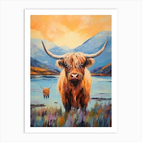 Highland Cows In The Loch Impressionism Style Paintings 1 Art Print