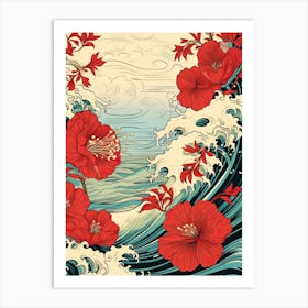 Great Wave With Hibiscus Flower Drawing In The Style Of Ukiyo E 1 Art Print