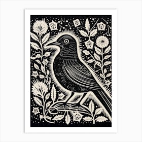 B&W Bird Linocut Cuckoo 3 Art Print