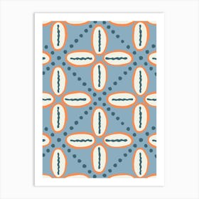 Cowrie Shell Damask Grid White, Orange, Blue, Navy Art Print