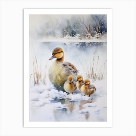 Ducklings & Mother In The Snow Watercolour  4 Art Print
