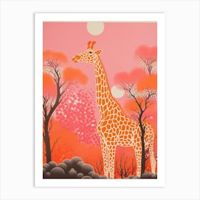 Giraffe Exploring The Nature Orange & Pink 1 Art Print