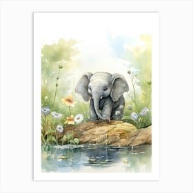 Elephant Painting Birdwatching Watercolour 3 Art Print