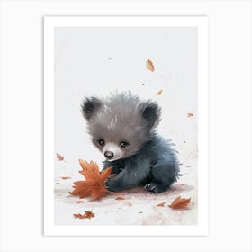 Sloth Bear Cub Playing With A Fallen Leaf Storybook Illustration 2 Art Print