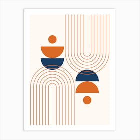 Modern Mid Century Sun, Moon Phases and Rainbow Abstract 23 in Navy Blue and Burnt Orange Art Print