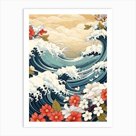 Great Wave With Jasmine Flower Drawing In The Style Of Ukiyo E 2 Art Print