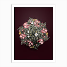 Vintage Hedge Rose Flower Wreath on Wine Red n.0158 Art Print