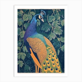 Blue Mustard Peacock & The Leaves 1 Art Print