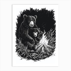 Malayan Sun Bear Sitting Together By A Campfire Ink Illustration 1 Art Print