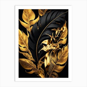 Gold Leaves On Black Background 2 Art Print