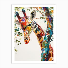 Colourful Giraffe Against The Tree Bark 2 Art Print