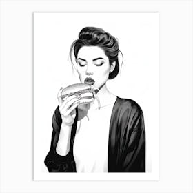 Woman Eating A Burger, lineart Art Print