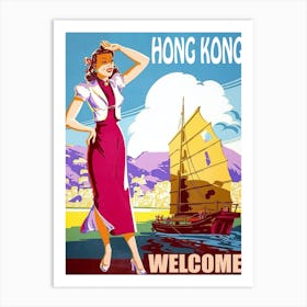 Hong Kong, Woman On The Coast Is Watching at the Oriental Sailing Boat Art Print
