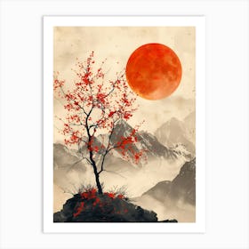 Red Tree In The Mountains Art Print