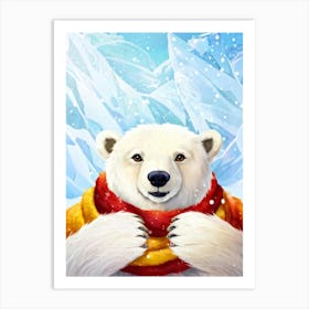 Polar Bear Cub Fluffy White Fur Snowy Backdrop Cozy Knit Cap Cheerful Colors Handcrafted Scarf Art Print