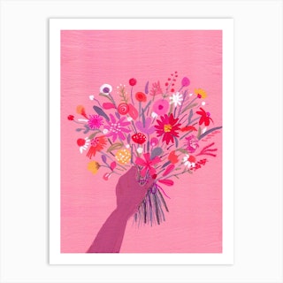 Babe With Bouquet Pink Art Print
