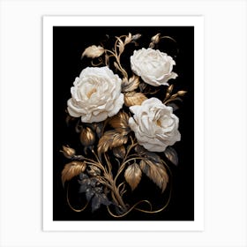 White Roses On Black Background 1 Art Print