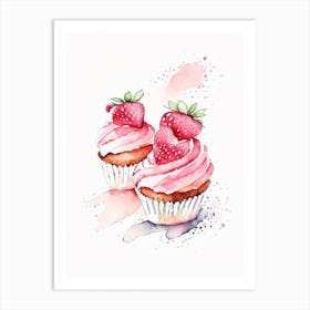 Strawberry Cupcakes, Dessert, Food Minimalist Watercolour Art Print