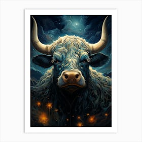 A Bull With Longhorns In A Night Sky Art Print