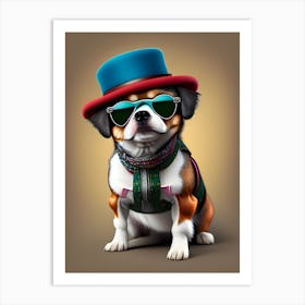 Portrait Of A Small Dog Wearing A Hat And Sungla Art Print