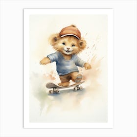Skateboarding Watercolour Lion Art Painting 2 Art Print
