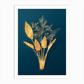 Vintage European Water Plantain Botanical in Gold on Teal Blue n.0172 Art Print