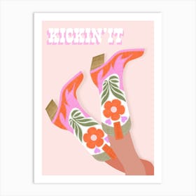 Typographic Kickin’ it Cowgirl Floral Boots Legs up in Pink Art Print