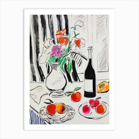 Wine and Flowers on the Table. Matisse Style Sketch Kitchen Art Print