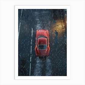 Red Sports Car Driving In The Rain Art Print