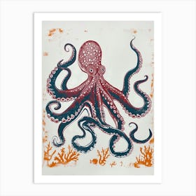 Retro Red Navy Octopus Linocut Style 5 Art Print