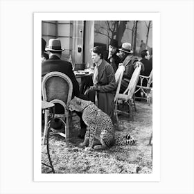 Cheetah At The Cafe, Lady With Ocelot, Vintage Black and White Old Photo Art Print