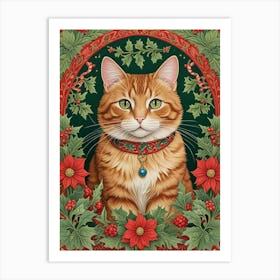 William Morris Style Christmas Cat (1) Art Print