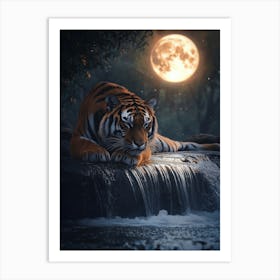 Tiger In The Moonlight. Generated AI. Art Print Poster