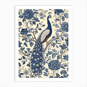 Cream & Blue Vintage Floral Peacock  2 Art Print