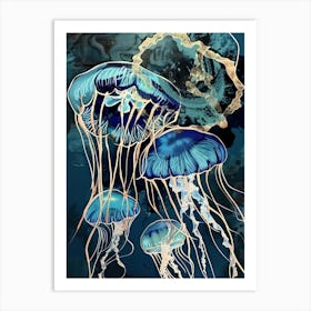 Jellyfish Painting Gold Blue Effect Collage 2 Art Print