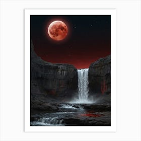 Red Moon Over Waterfall Art Print