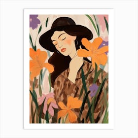 Woman With Autumnal Flowers Iris 1 Art Print